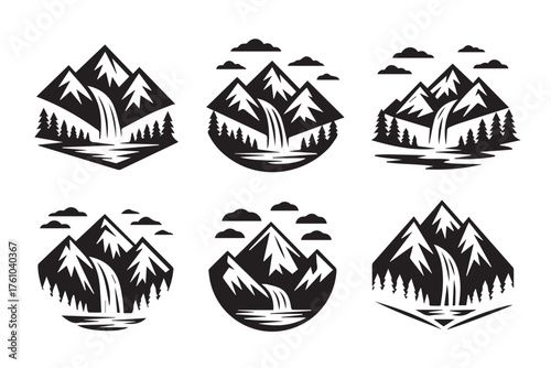 outdoor mountain vector pack waterfall stream pine forest silhouettes clean bold illustrations for branding