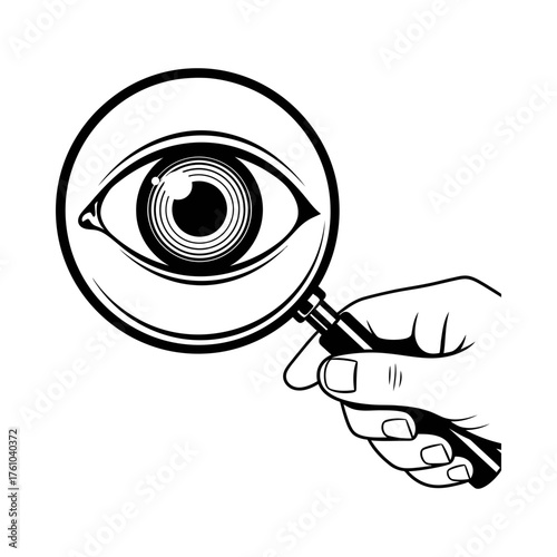 Eye under magnifying glass in black and white silhouette vector illustration