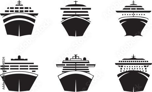front-facing cruise ship silhouettes vector pack monochrome maritime icons for logos and editorial use