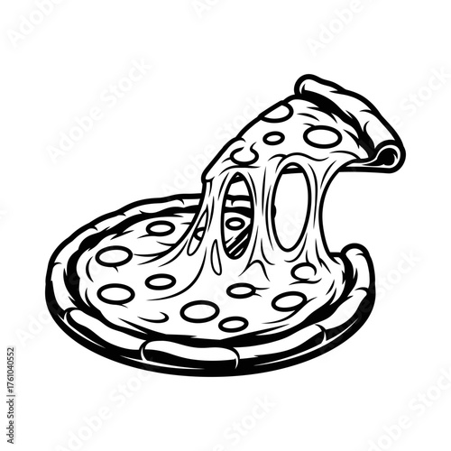 Black and white illustration of a pizza slice with dripping cheese silhouette vector illustration