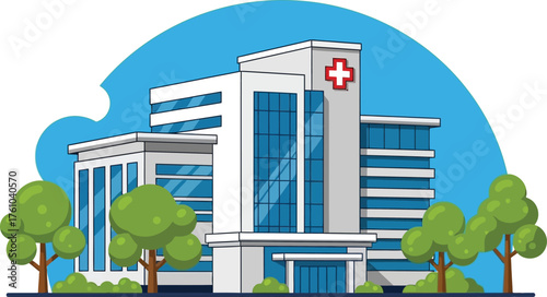 Modern hospital building with trees and blue sky symbolizing healthcare and wellness flat design vector illustration isolated on transparent background