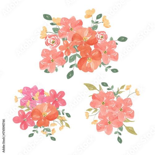 Watercolor hand painted set of illustrations of bouquets with pink, red and yellow small flowers isolated on transparent background