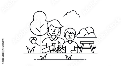 Scientist and Young Student Conducting Science Experiment Outdoors.