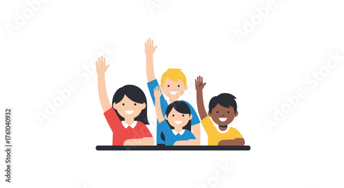 Diverse Group of Students Raising Hands in Class Eager to Answer Questions.