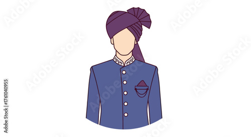 Traditional Indian Groom Wearing Purple Turban and Blue Sherwani Illustration.