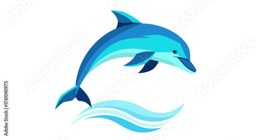 Stylized Blue Dolphin Jumping Out of Water with Waves Illustration.
