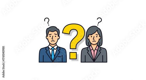 Confused business people with question marks portraying uncertainty in professional decisions suitable for articles about problem-solving and analysis.