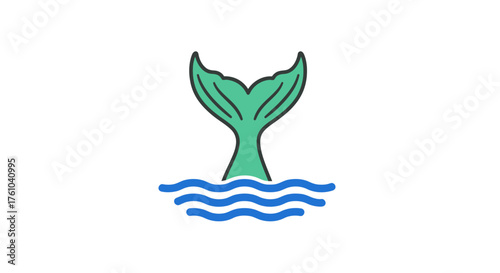 A simple graphic illustration of a green whale tail fluke diving into blue ocean waves.