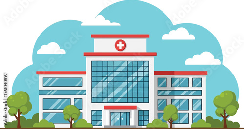 Modern hospital building exterior with trees and clouds ideal for healthcare and medical themes flat design vector illustration isolated on transparent background