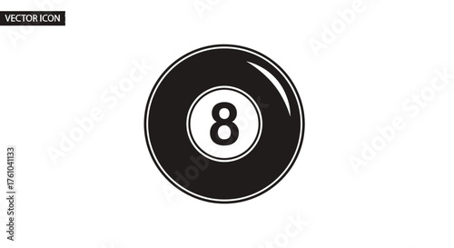 Classic black eight-ball with the number 8 a simple monochrome vector icon for pool or billiards.