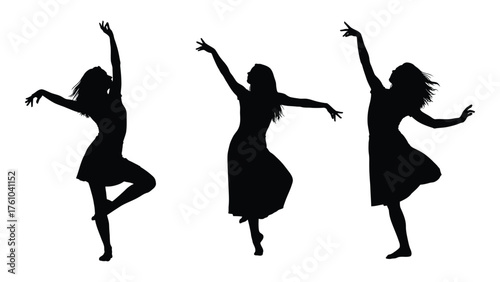 Dynamic silhouettes of three women in graceful ballet dance poses silhouette