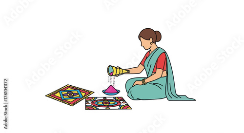 Woman Creating Rangoli Art: Traditional Indian Decoration with Colored Powder.