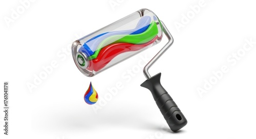 Paint Roller With Colorful Swirls of Paint and Dripping Drop.