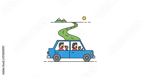 Family road trip in a blue car with a winding green road above.