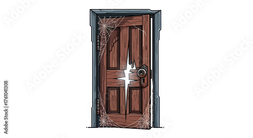 Mysterious Old Wooden Door with Glowing Keyhole Illustration.