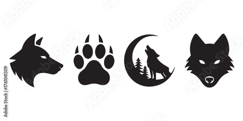 versatile wolf icon and silhouette bundle: profile head howling crescent moon paw mark and frontal wolf portrait