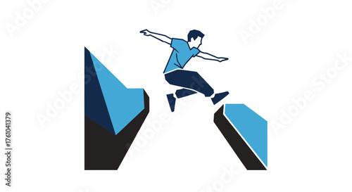 Man Jumping Between Cliffs: A Symbol of Risk Challenge and Overcoming Obstacles.