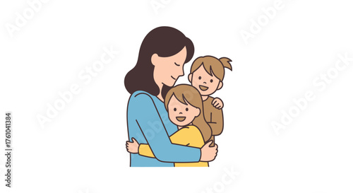 Loving mother embracing her two happy children in a warm hug.
