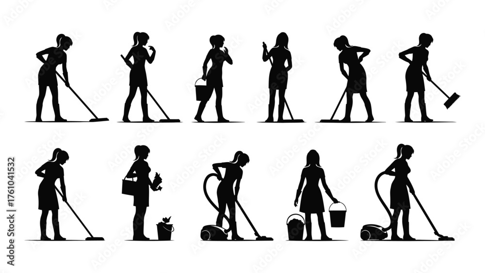 Obraz premium Collection of diverse female silhouettes performing various cleaning tasks with utensils silhouette