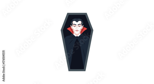 Cartoon Vampire Character with Fangs and Red Collar in a Black Coffin.