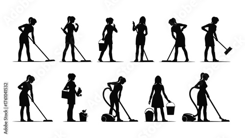 Collection of diverse female silhouettes performing various cleaning tasks with utensils silhouette