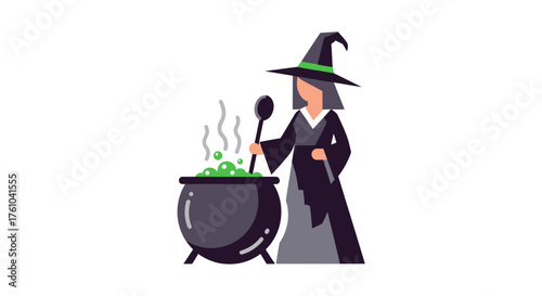 A cartoon witch in a pointed black hat stirring a bubbling green potion in a large cauldron.