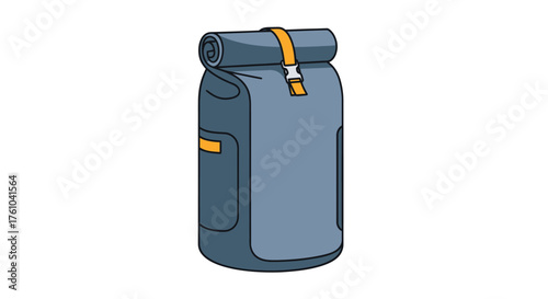 A blue roll-top backpack with an orange strap closure.