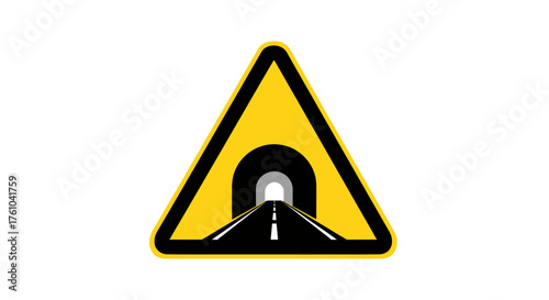 Yellow triangular road warning sign indicating a tunnel ahead.