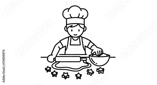 Cartoon Chef Kneading Dough and Cutting Star Shapes.
