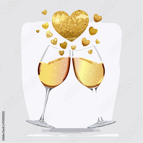 Champagnergläser mit Herzblasen und Goldglitter