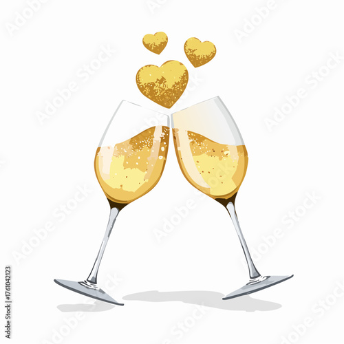 Champagnergläser mit Herzblasen und Goldglitter