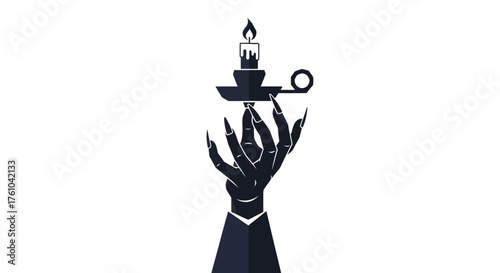 Silhouette of a skeletal hand holding a lit candle in a holder.