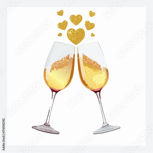 Champagnergläser mit Herzblasen und Goldglitter