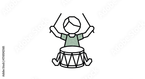 Cartoon Boy Playing Drum Set with Drumsticks Simple Line Art.