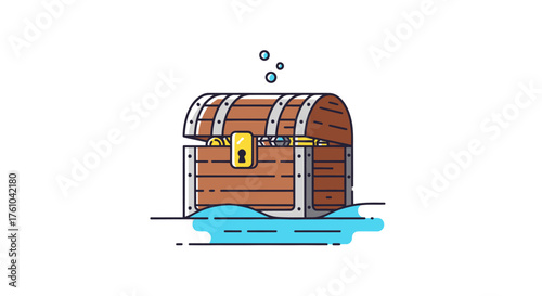 Vintage Wooden Treasure Chest Floating on Blue Water with Bubbles.