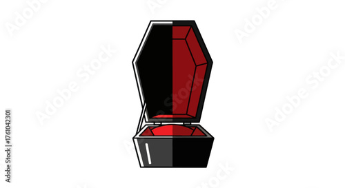 Open Coffin Illustration with Black and Red Interior Halloween Theme.