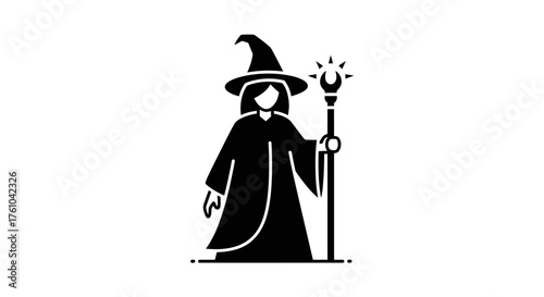 Mysterious black silhouette wizard icon with pointed hat and glowing magic staff.