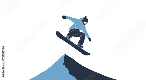 An illustration of a snowboarder in a light blue jacket jumping off a snowy mountain peak.