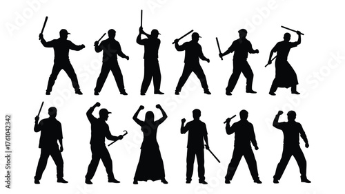 Silhouette figures of warriors in dynamic poses with weapons diverse action poses silhouette