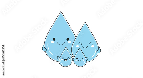 Happy Family of Water Droplets Cartoon Illustration.