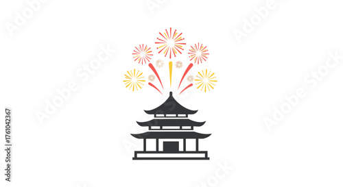 Silhouette of Japanese Pagoda with Festive Fireworks Display.