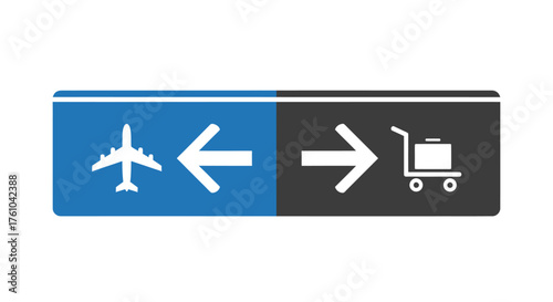 Airport Signage with Airplane and Luggage Cart Icons Indicating Direction.