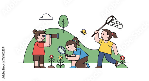 Children exploring nature with magnifying glass and net.