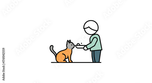 Simple line art icon of a person feeding a small orange cat from a food bowl.