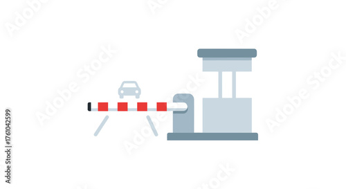 A closed automatic parking lot boom barrier with red and white stripes and a control booth.