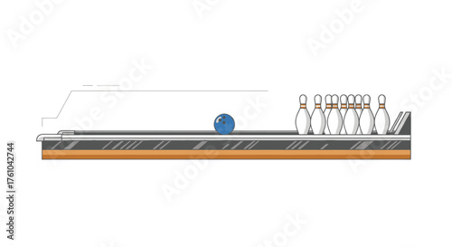 Side view illustration of a bowling lane with a blue ball rolling towards ten white pins.