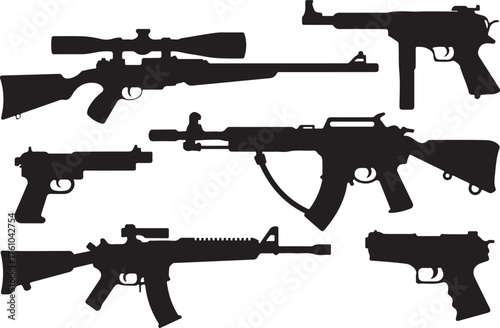 Silhouette Collection of Various Guns and Firearms Vector Illustration for Design and Backgrounds in Security Industry