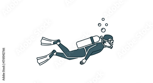 Cartoon Scuba Diver with Oxygen Tank and Fins Underwater.