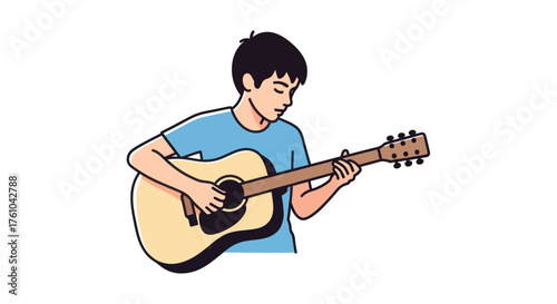 Young boy playing an acoustic guitar with focused expression.