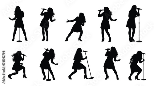 Diverse female singer silhouettes performing live music on stage with microphones silhouette